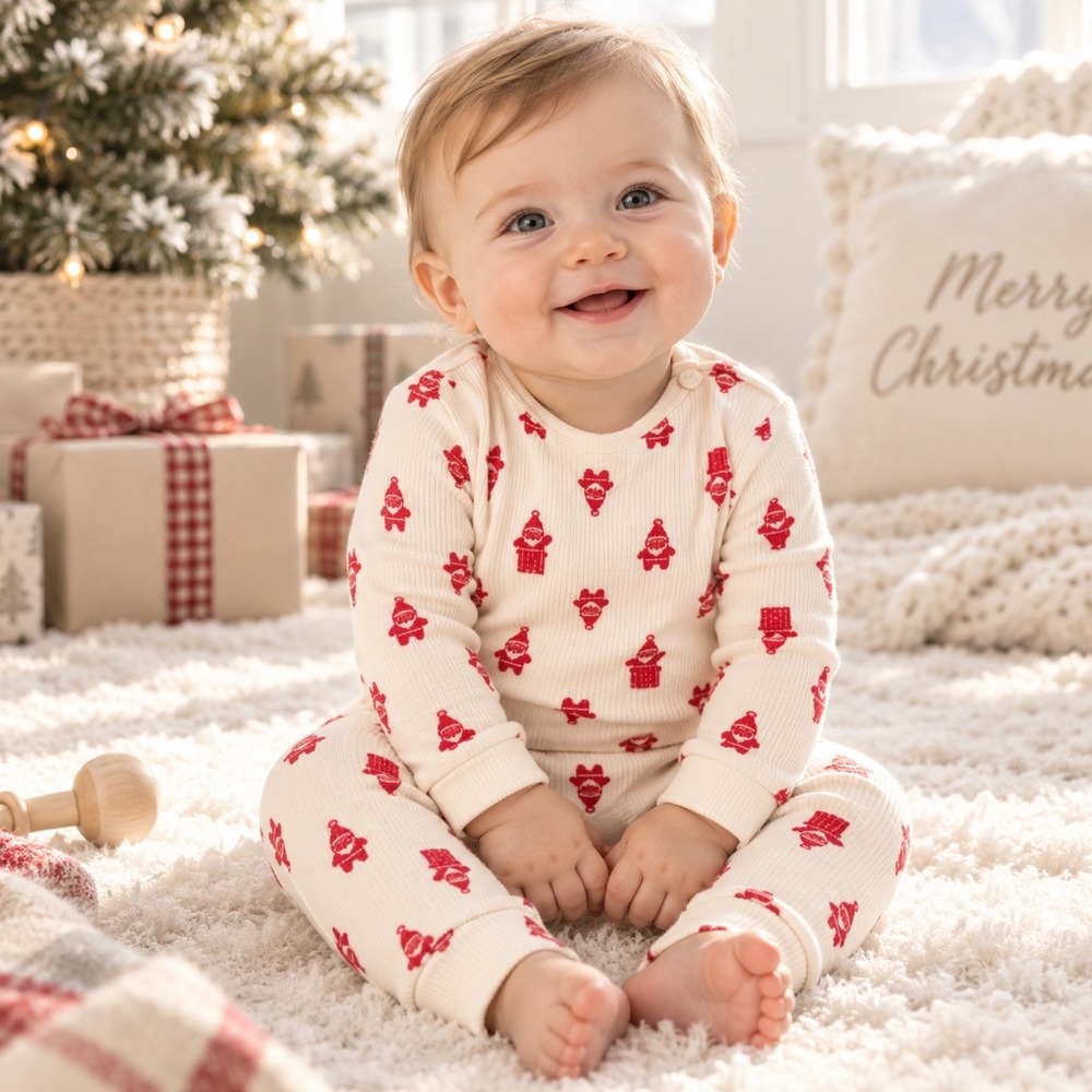 Cat & Jack Baby Christmas Pajama Set Red Santa Ribbed Knit Cream 2pc PJs Size NB